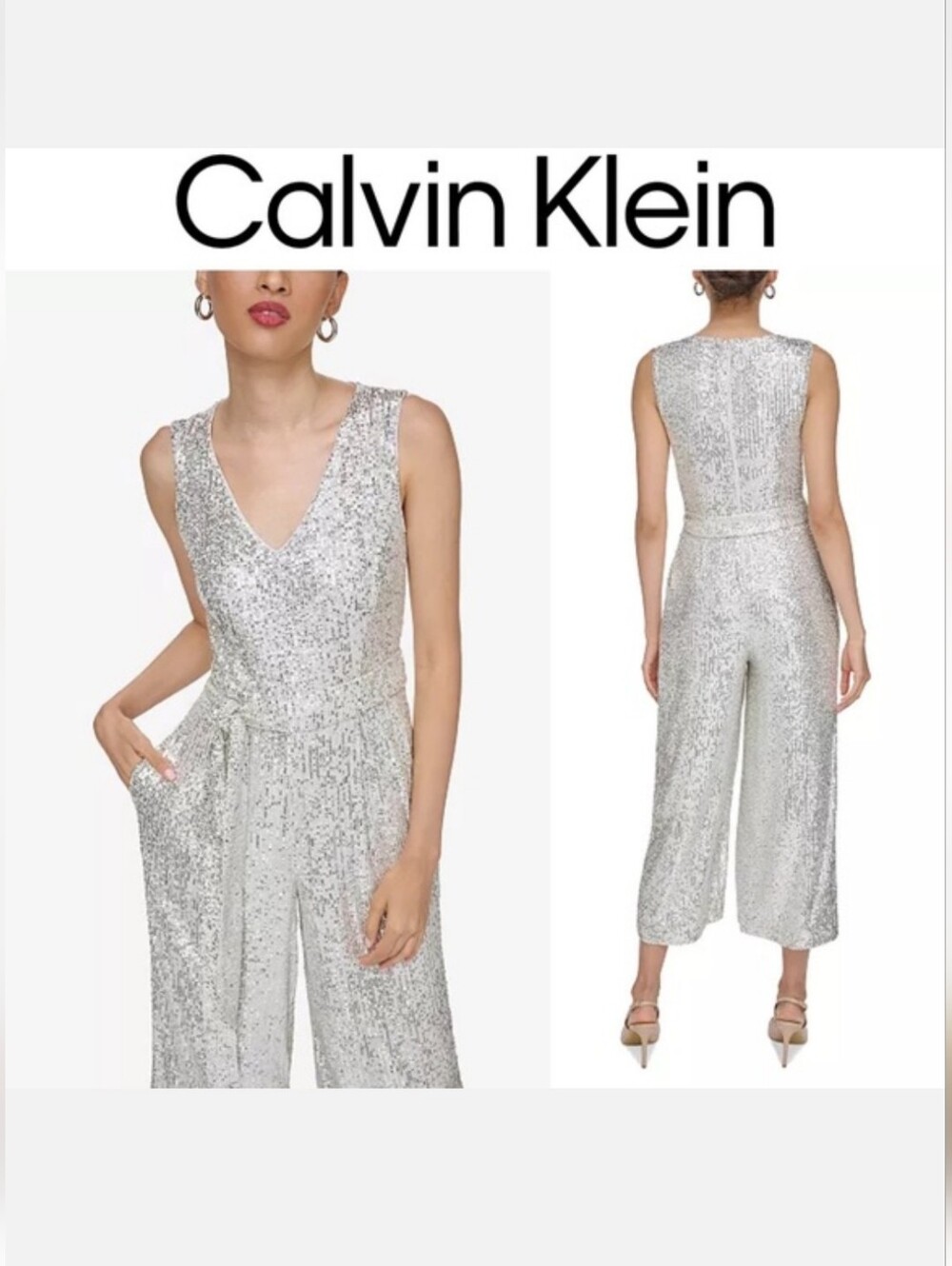 Calvin Klein Glamorous Silver Sequin Belted Jumpsuit
